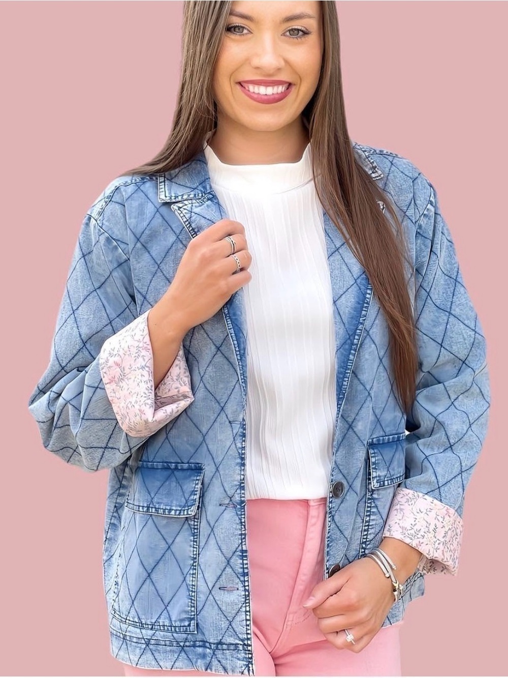 ee:some Los Angeles Quilted Denim pink Floral inside & sleeves—NWT—Lightweight